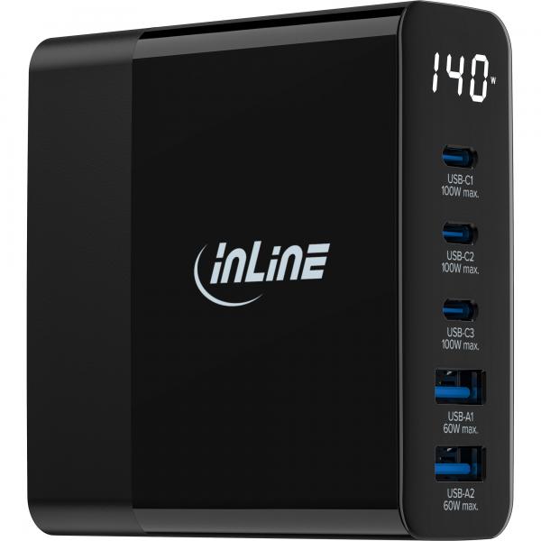 InLine Alimentatore USB PD, caricatore GaN, 5 porte, USB-C+USB-A, 140W, display