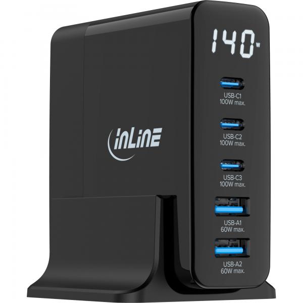 InLine Alimentatore USB PD, caricatore GaN, 5 porte, USB-C+USB-A, 140W, display