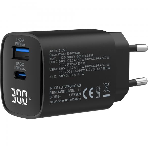 InLine Alimentatore USB PD, caricatore GaN, 2 porte, USB-C + USB-A, 30W, display