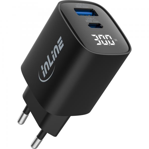 InLine Alimentatore USB PD, caricatore GaN, 2 porte, USB-C + USB-A, 30W, display