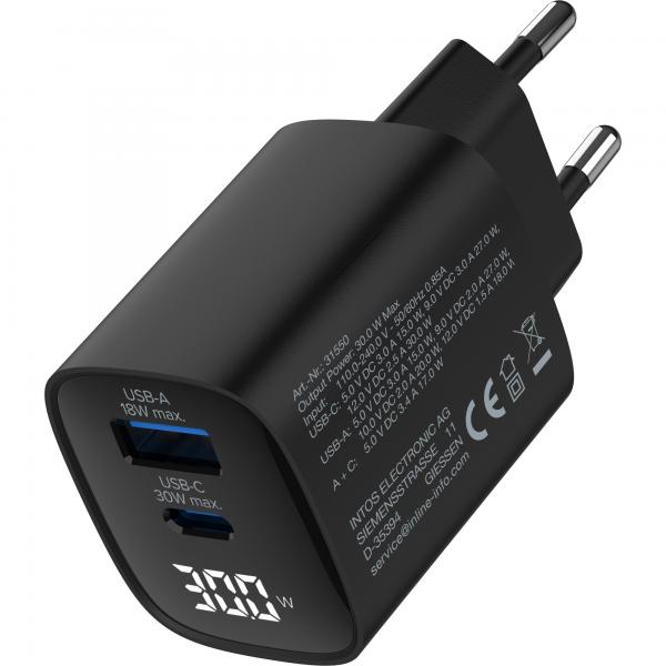 InLine Alimentatore USB PD, caricatore GaN, 2 porte, USB-C + USB-A, 30W, display