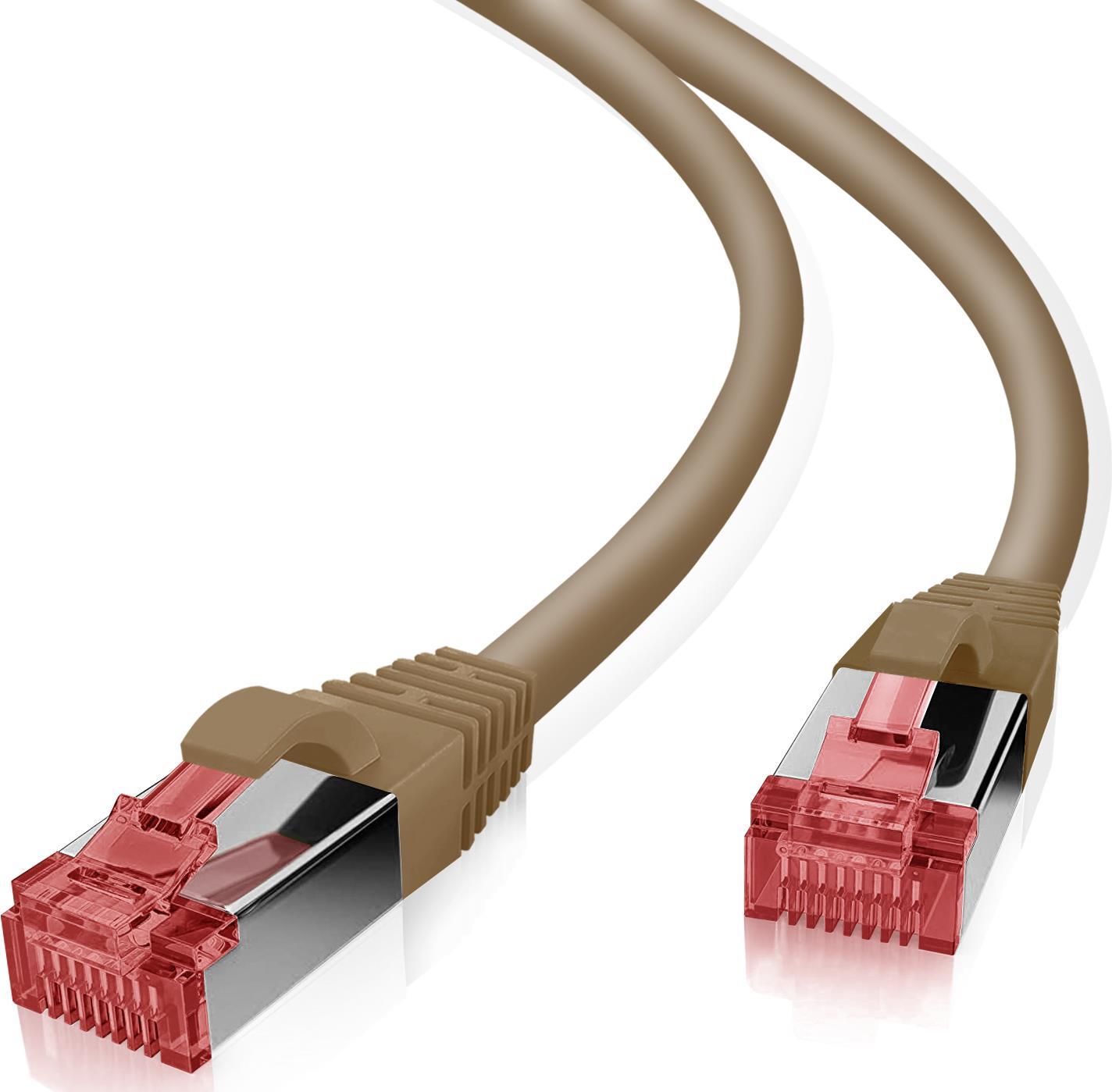 helos Patchkabel S/FTP (PIMF) CAT 6 braun 2,0m - Vollkupfer Patchkabel mit schmalem Knickschutz - inkl. Lngenbezeichnung am RJ45 Stecker - PimF geschirmte Cat6 Kabel, halogenfrei - Gigabit geeignet