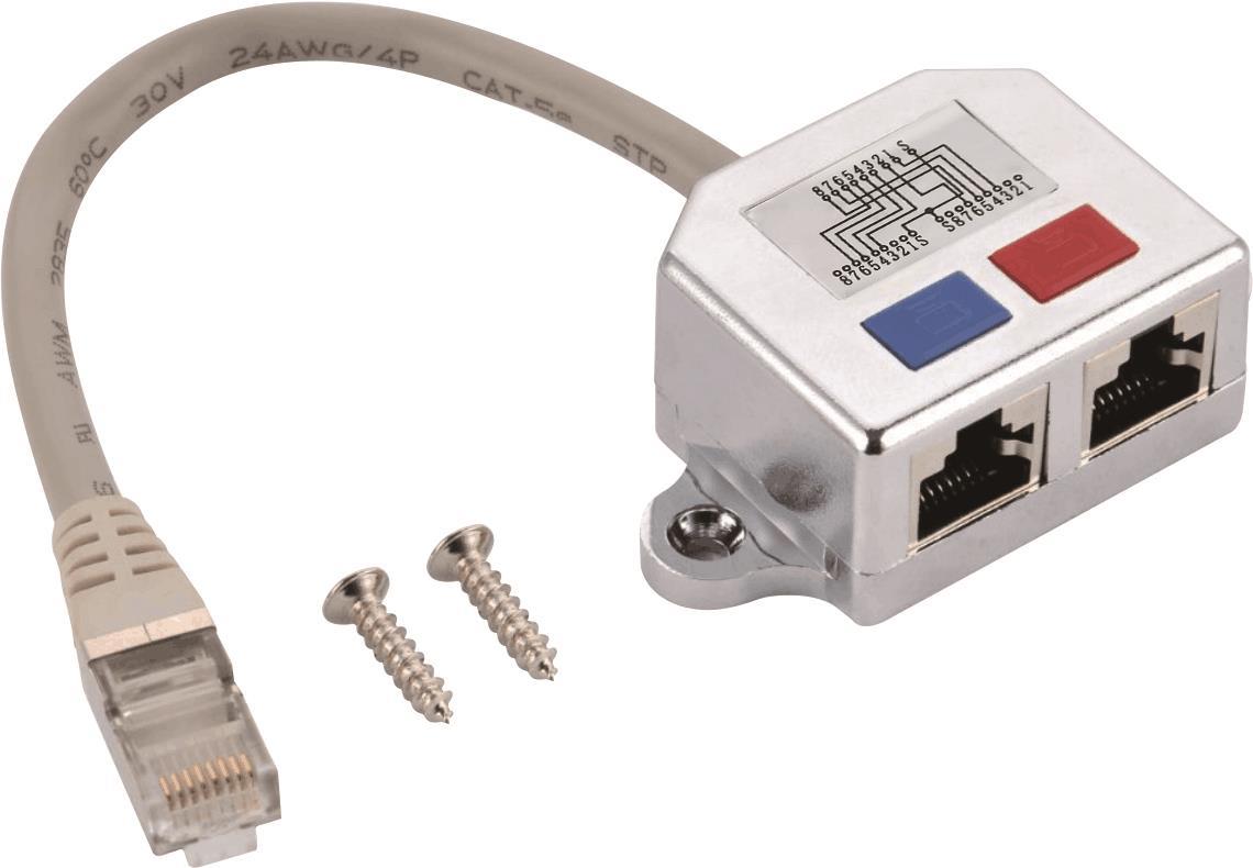 Helos T-Adapter Cat 5e ISDN/ISDN Cable-Sharing Adapter 0,15m - 1x RJ45 Stecker an 2x RJ45 Buchse - Kunststoffgehuse metallisiert - Kabellnge: 0,15m - vergoldete Kontakte - ISDN/ISDN (263835)