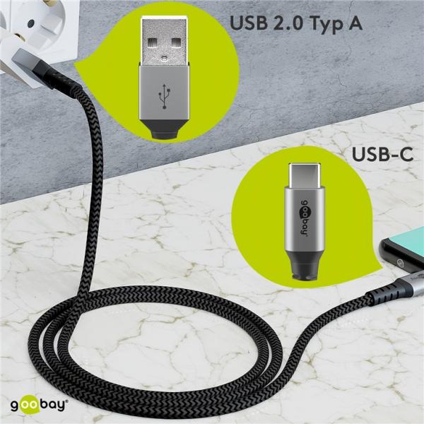 Goobay 49295 cavo USB USB 2.0 0,5 m USB C USB A Nero, Grigio (USB-C  to USB-A Textile cable with)