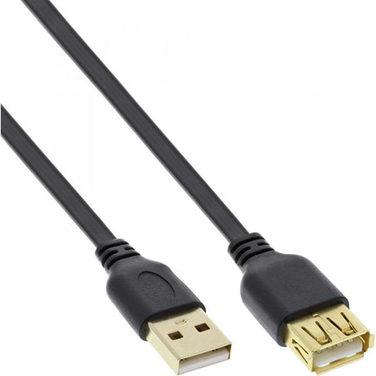 InLine Cavo USB 2.0 A maschio / A femmina, 2m, Piatto, dorato, prolunga, nero