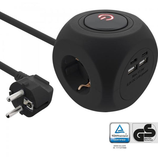 InLine Charging Cube, 3x contatto di terra, 2x USB-C, 2x USB-A, nero, 2m