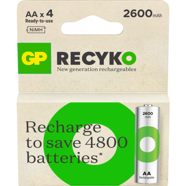 GP Batteries 201246 batteria per uso domestico Batteria ricaricabile Stilo AA Nichel-Metallo Idruro [NiMH] (Recyko AA-battery 2600mAh - NiMH 4-pack - Warranty: 24M)