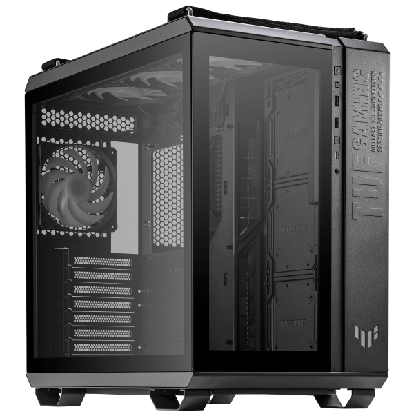 ASUS TUF Gaming GT502 PLUS Midi Tower Nero (Asus TUF Gaming GT502 Plus Case w/ Front & Side Glass Windows, ATX, Dual Chamber, Modular Design, 4x ARGB Fans & Lighting Hub, USB-C, Carry Handles, Black)
