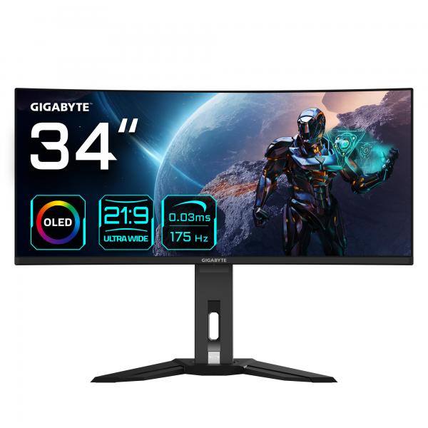 GIGABYTE Monitor da gioco curvo OLED WQHD MO34WQC da 34 - 3440 x 1440, 175Hz, 0.03ms, KVM, 250 cd/m, FreeSync Premium Pro, DisplayHDR True Black 400, HDMI 2.1, Displayport 1.4 (Gigabyte MO34WQC 34