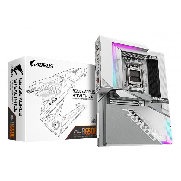 GIGABYTE Scheda Madre B650E AORUS STEALTH ICE - Supporta CPU AMD Ryzen 9000, VRM a 12+2+2 fasi, fino a 8000MHz DDR5 (OC), 1xPCIe 5.0 M.2 + 3xPCIe 4.0 M.2, Wi-Fi 7, LAN 2.5GbE, USB 3.2 Gen 2x2