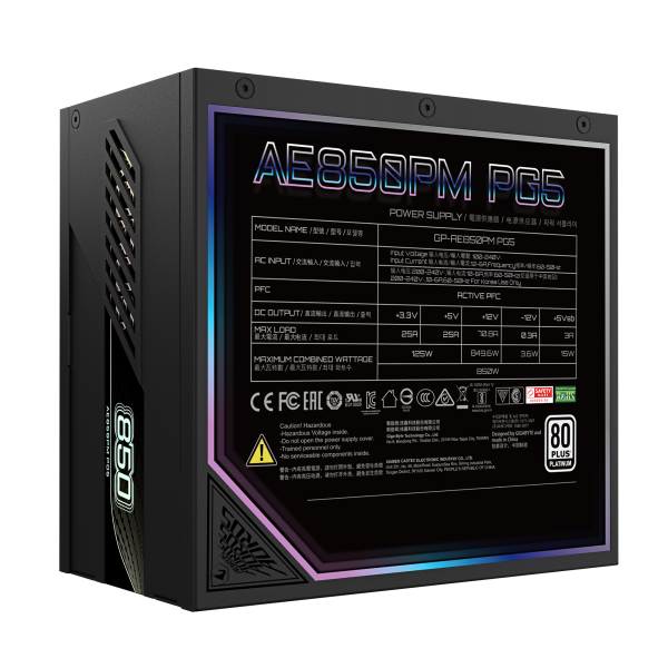 GIGABYTE AORUS ELITE P850W Alimentatore - PCIe 5.0, 80 PLUS Platinum, Design completamente modulare, Ventola da 120 mm, Compatibile con ATX 3.0, Spina EU