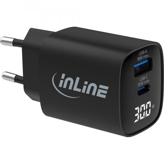 InLine Alimentatore USB PD, caricatore GaN, 2 porte, USB-C + USB-A, 30W, display