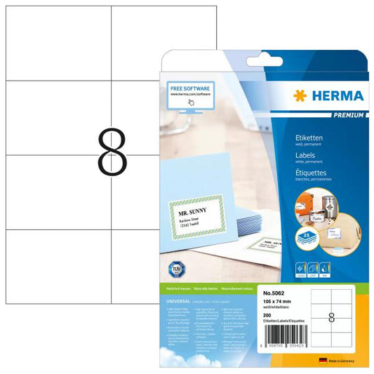 HERMA 5062 etichetta per stampante Bianco Etichetta per stampante autoadesiva (HERMA Etiketten Premium A4 wei?? 105x7)