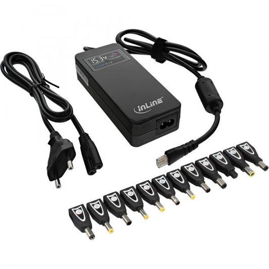 InLine Alimentatore Notebook, 90W, USB, 100-240V, Display colori, nero, 12 Plug