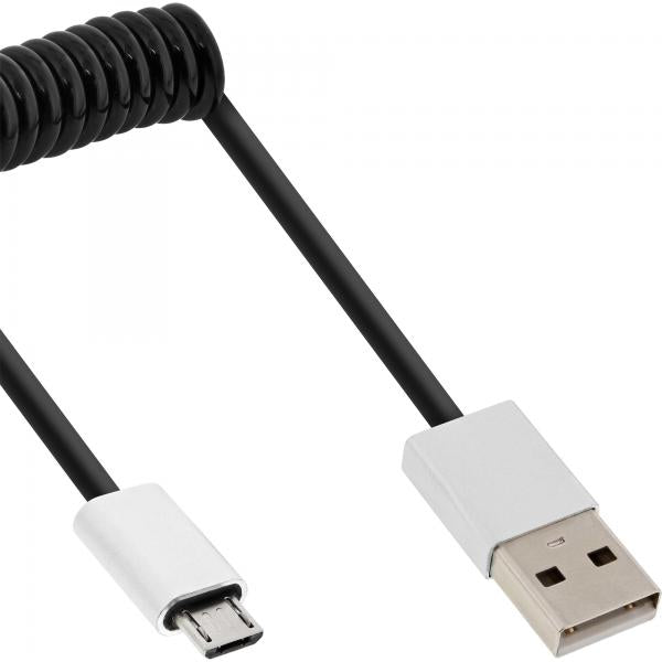 InLine Cavo USB 2.0 Micro, A-B M, 3m, allum., spirale, nero, 2,4A@1m 1,5A@3m