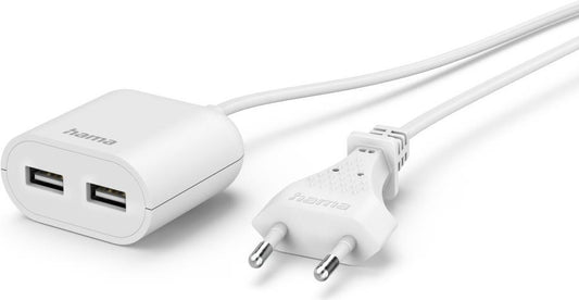 Hama USB-Netzteil mit 1,9 m langem Kabel, 2,4 A, 2x USB-A, Wei (00223203)