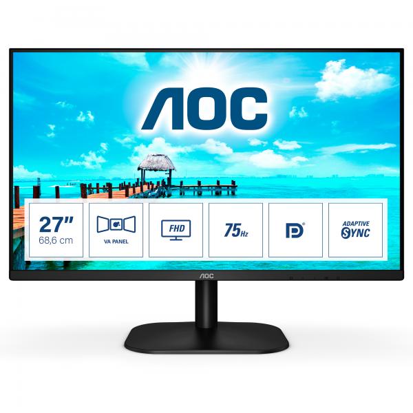 Monitor Aoc 27B2QAM - Display 27 pollici LED VA - 16:9 - 1920x1080 Full-HD - Senza cornice su tre lati - 4ms - DisplayPort, Hdmi - 75Hz - Multimediale 2.0W x2 - Vesa - Nero