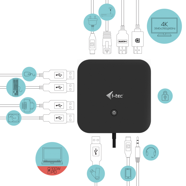 i-tec USB-C HDMI DP Docking Station with Power Delivery 100 W + Universal Charger 100 W (I-TEC USB-C HDMI DP DOCK PD100W - 2X LCD DOCK + CHARGER-C112W)