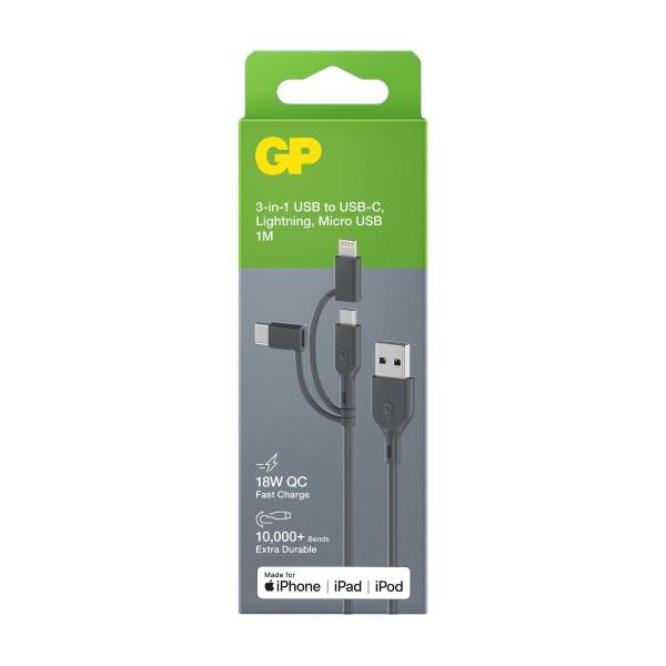 GP Batteries CY1N cavo USB 1 m USB A USB C/Micro-USB B/Lightning Grigio