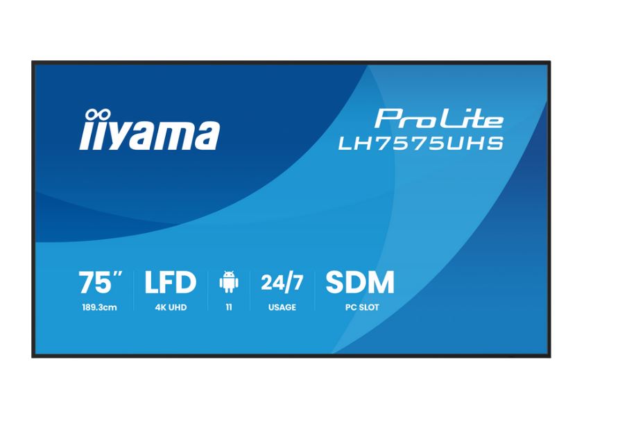 iiyama 75" 3840x2160, UHD IPS panel, Haze 25%, 500cd/m, Landscape and Portrait, Signal FailOver, Speakers 2x 10W, HDMI 3x, DisplayPort, DP-out (MST/HDMI/Mirror/Tiling), USB 2.0 x2, WiFi, LAN, Media